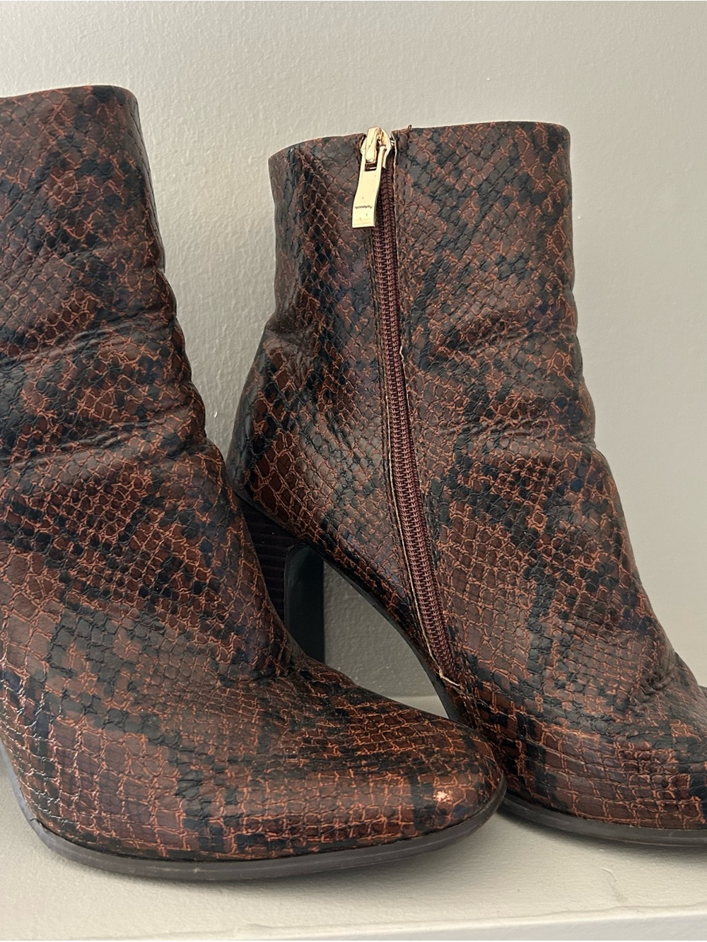 Brown Snake-Print Women’s Ankle Boots - Zip Closure